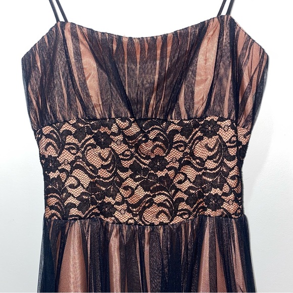 Betsy & Adam Black/Pink Midi Dress, Sheer black lace over pink satin, Size 8 - Picture 3 of 10